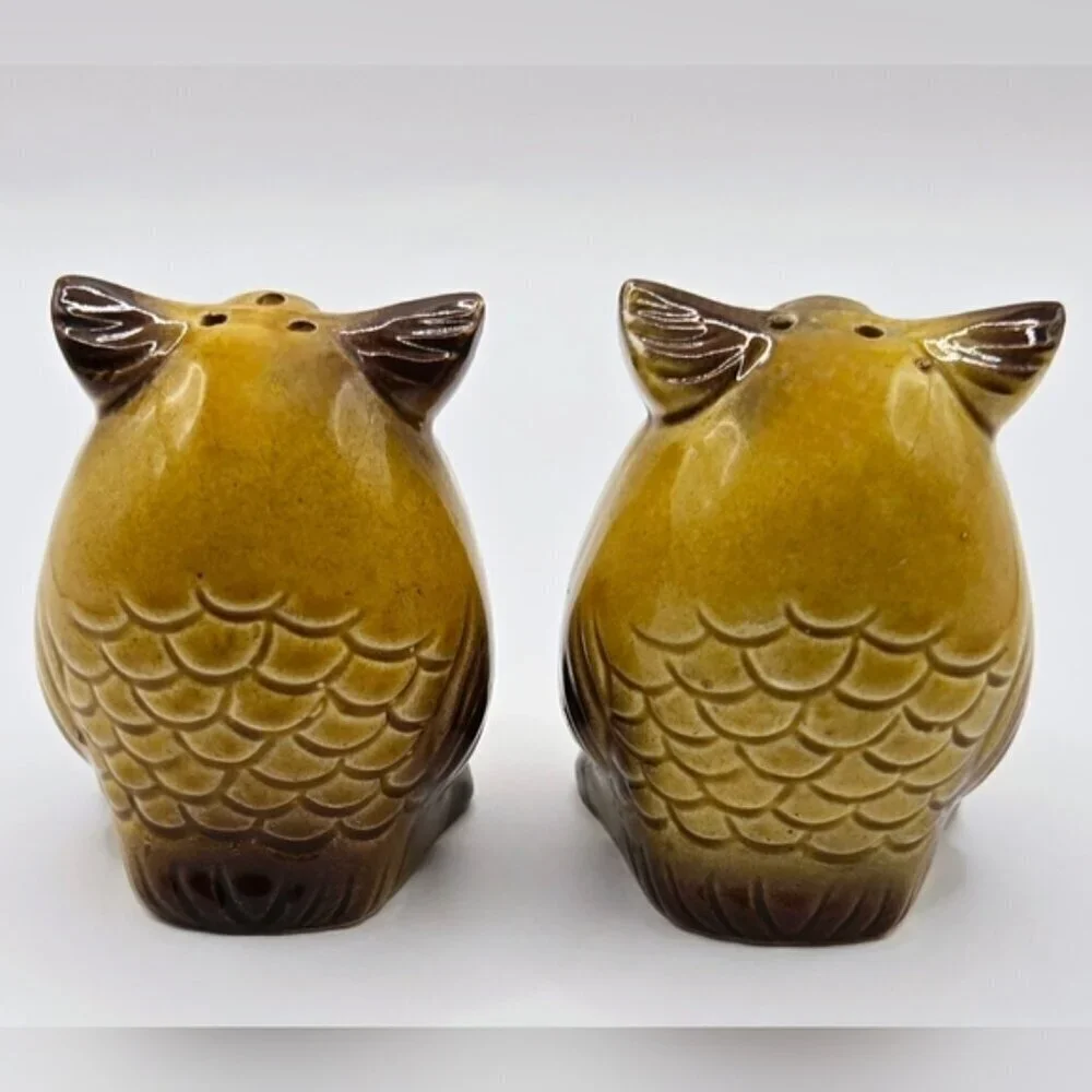 Vintage Japan Owl Salt and Pepper Shakers Brown Ceramic Google Eye Pair